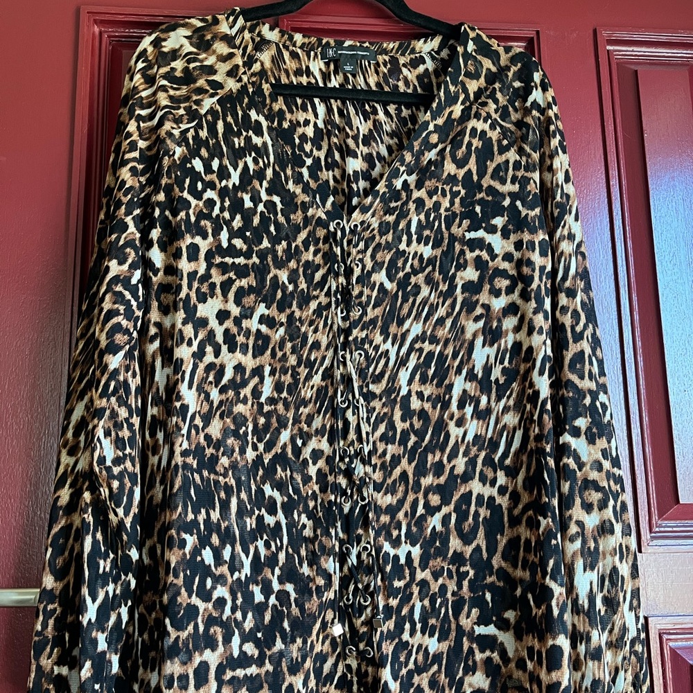 *LIKE NEW* Leopard Print Sheer Corset Tie Blouse